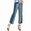 2019 New Arrival Fashion Rough Selvedge Hem Splicing Blue Denim Pants Jeans Women
