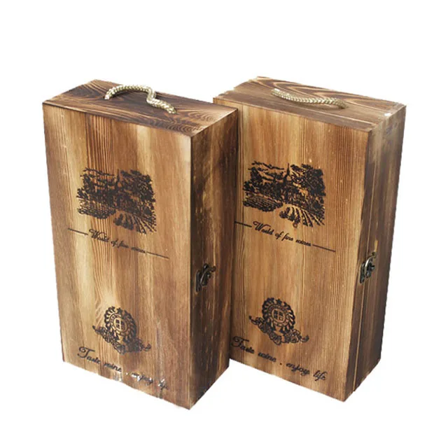 handmade carbonized 2 bottles wood red wine packaging boxes