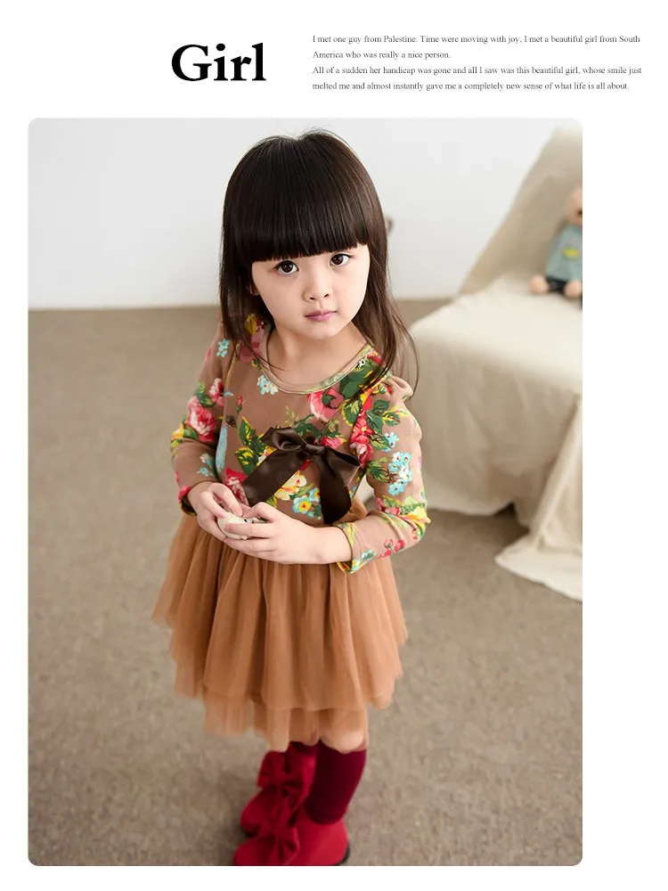 2015 New Autumn Girls Clothes Long Sleeve Flower Print Girl Dress For Party Wedding Children Kids Girl Floral Dress For School