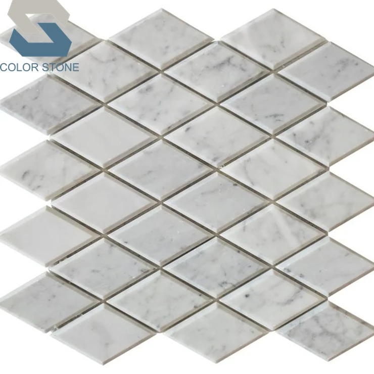 Kitchen backsplash tiles rhombus carrara white marble mosaic pattern