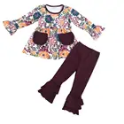 holiday children boutique Floral wine red clothing girls outfit set
