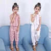 2018 newest fashion suit sweet girls summer children striped cotton linen two-piece children's clothing sets
