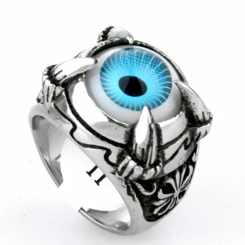 Man Punk Biker Style Solid Stainless Steel Skull Claw Vivid Blue Eye Rings
