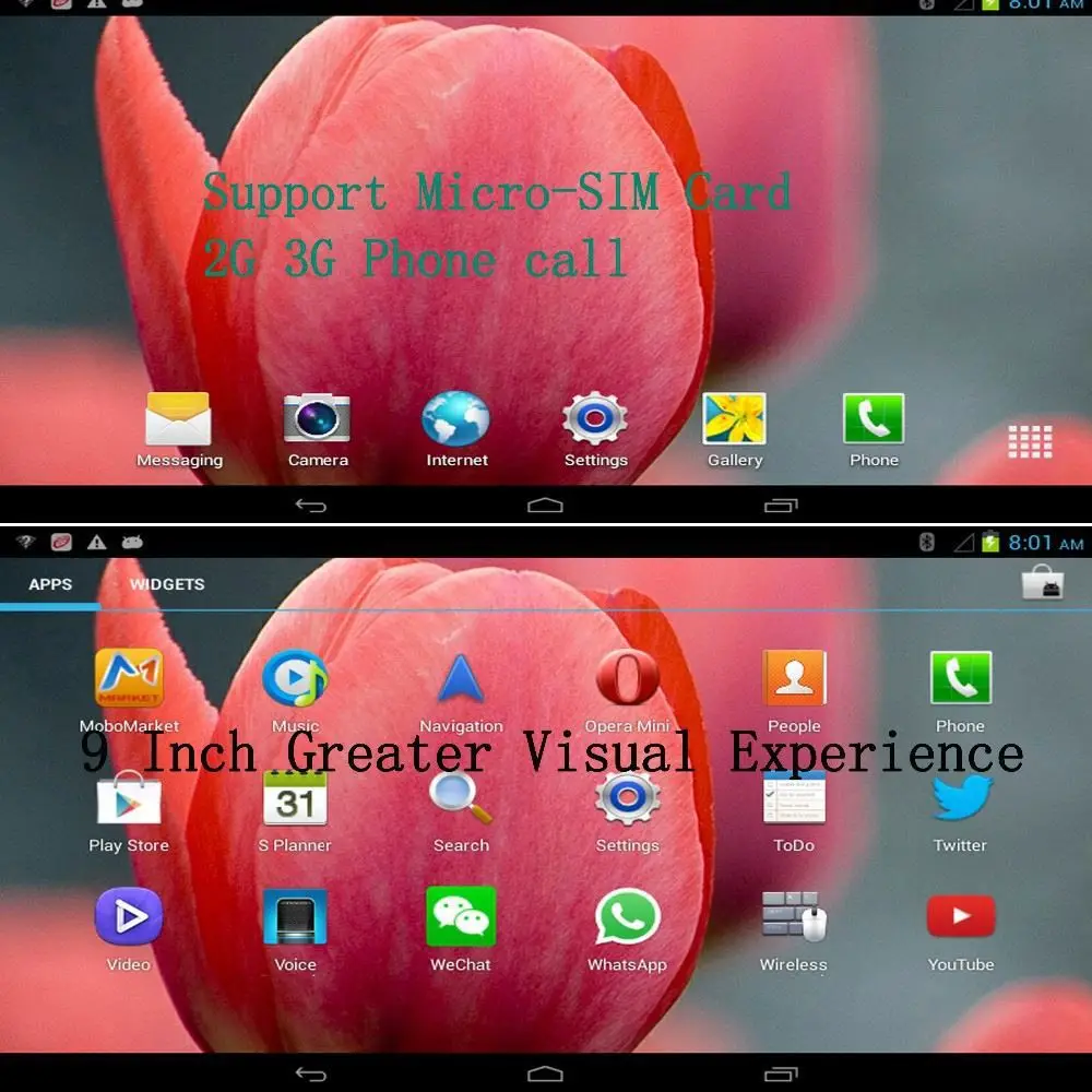 9 Inch Android4.4 Tablet Pc Support Micro SIM card 2G 3G Phone Call 1GB and 8GB Tablets Pc SIM card TF card FM BT Tab