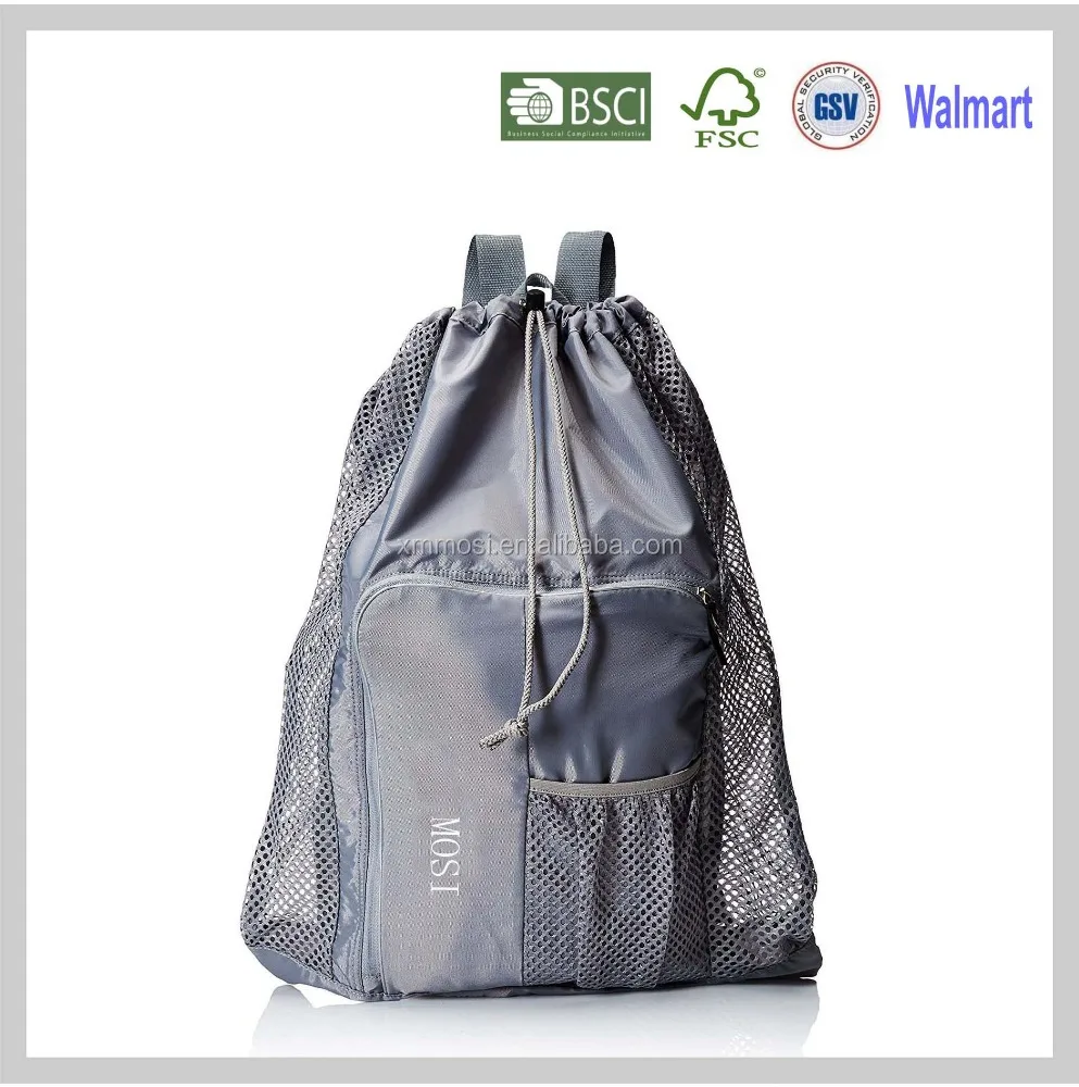 gray drawstring mesh gift sports backpack bag with front pocket