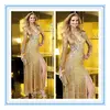2016 New Style Gold Long Sleeve V Neck Crystals Brazilian Evening Dress(EVAL-1005)