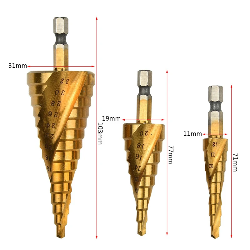 03 MPT 3Pcs HSS Spiral Grooved Center Drill Bit Pagoda Shape Hole Cutter 4-32 4-20 4-12mm Carbide Titanium Step Cone Drill Bit Set