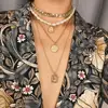 Punk Multi Layered Pearl Gold Choker Necklace Pendant Collar Statement Coin Crystal Necklace Women Jewelry