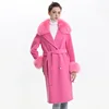 Europe USA Fashion Cashmere Long Coats Women Wear Wool Blend Coat Online Wholesale Real Fox Fur Double Face Coat with Belt