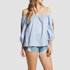 vertical striped 3/4 puff sleeves elasticized neckline embroidery floral tops women