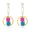 New Colorful Geometry Cube Big Circle Charm Long Tassel Earrings Wholesale