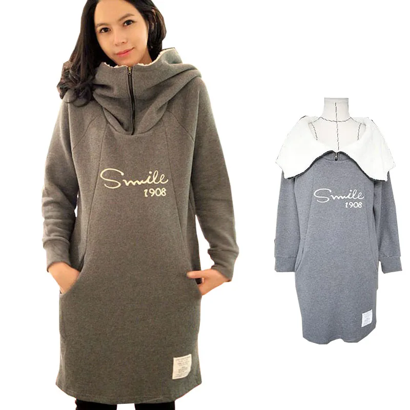 Maternity Clothes Autumn Winter Plus Flannel Pullover Hooded Sweatshirt Korean Long Sleeve Letter Fleece Grey # 1336