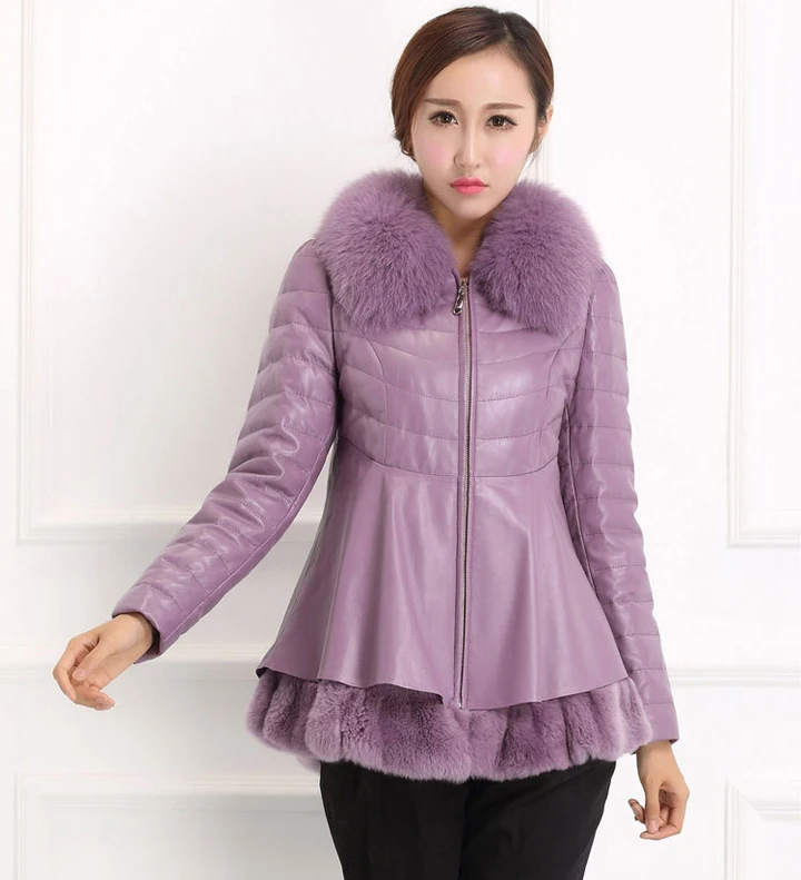 2015 Winter Leather Jackets Women Genuine Leather Coats With Fox Fur Collar Rex Rabbit Fur Lap Sheepskin Coat Winter YC262