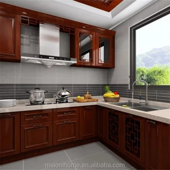 Classic Solid Wood Modular Kitchen With Solid Wood Pantry Cabinet