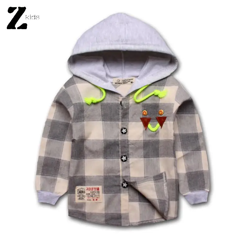 High Quality Long Sleeve Boys Shirt 2015 Spring Autumn Fall Hooded Cotton Plaid Children Clothing Kids Outwear Brand
