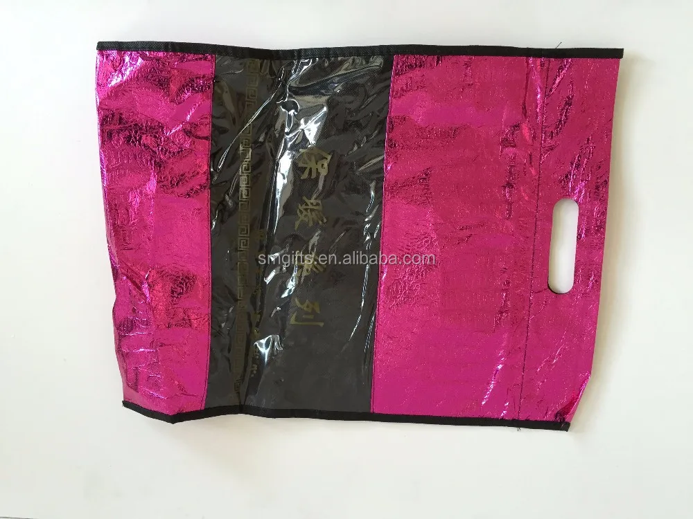 metallic rose pink non woven die cut shopping bag