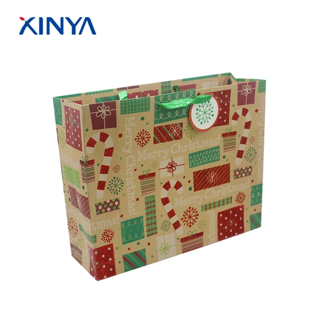 waterproof kraft brown glitter paper christmas gift bag with