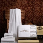 High end quality 100% organic cotton boxed white travel bath towel gift set with embroidery