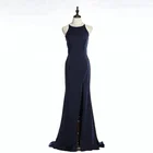 Long satin neck beading design sexy front slit dinner party women gown evening dresses