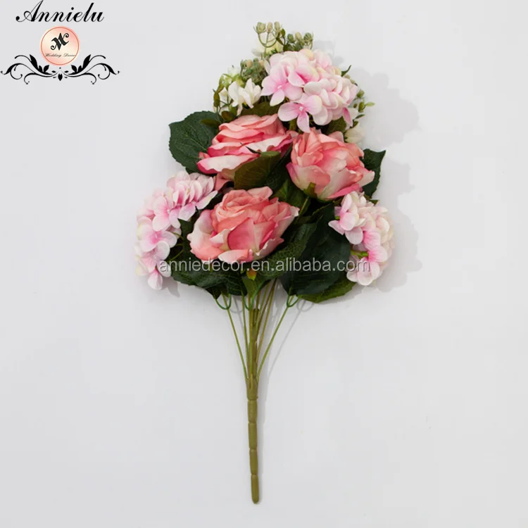 Wholesale Big Branch Silk Rose Artificial Flowers Wedding Party Home Decorative Faux Flower with Green Leaves Wedding Supplier