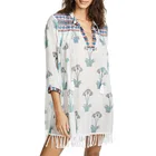 Women V Neck Tasseled Trim Floral Print Cotton Gauze Tunic Blouse