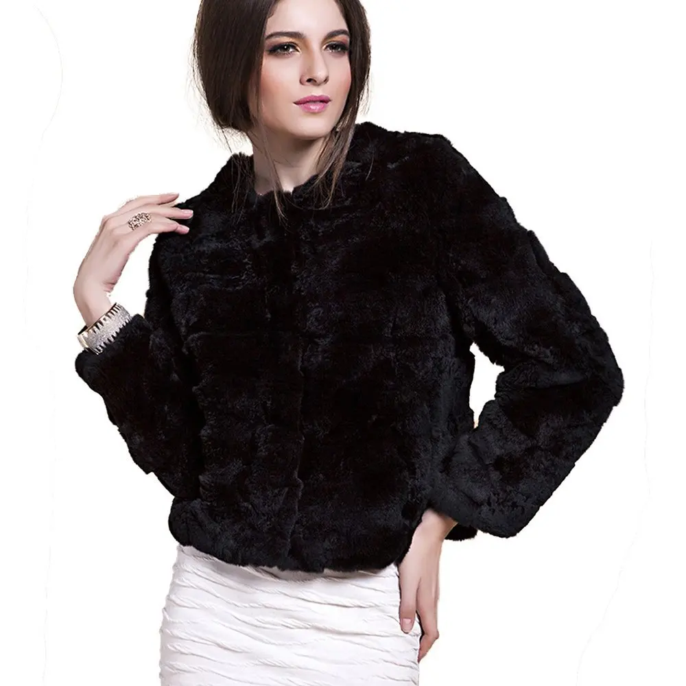 Qiudu Women's Rex Rabbit Fur Coat Short And Simple Style Type A