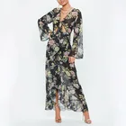 Guangzhou factory black floral tie front maxi long dress ,ladies sexy long maxi dresses summer