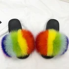 Hot sales plus size fluffy slippers sandals soft furry fox and raccoon fur mix fur slippers for women