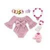 Solid dusty pink plain baby romper velvet set with match necklace and headband baby off shoulder romper with bow on the back