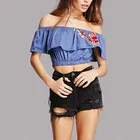 off the shoulder neck flounce layer embroidered crop tops wholesale women