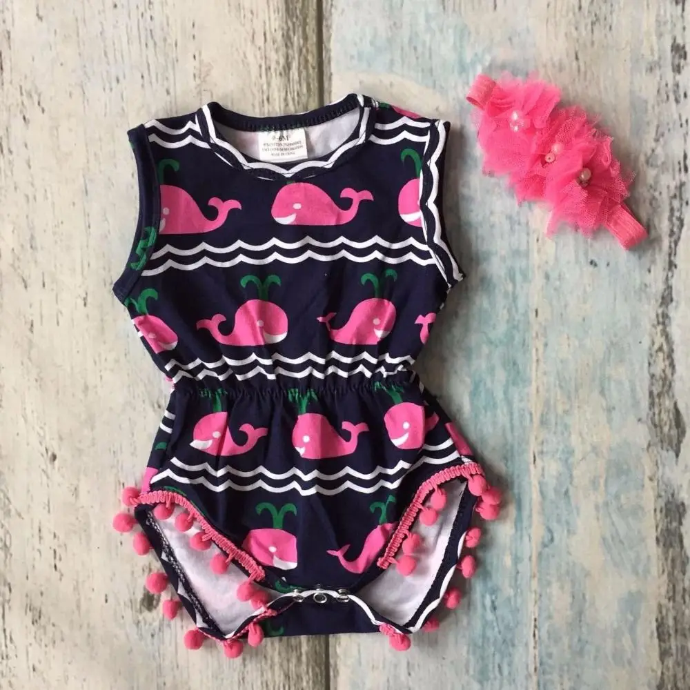 new arrival baby girls Summer clothing infant romper tutu cotton baby navy hot pink whale girls romper with match headband
