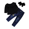 Summer funky black three quarter sleeve top blue jean pants 3pcs girls clothes sets kids boutique clothing