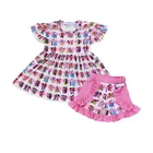 Wholesale girls kids ruffle short outfit baby toddler princess print clothing set