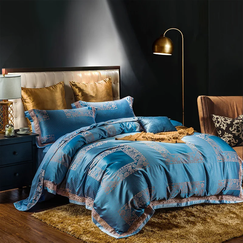 Waliicorners Tribute Silk Jacquard silver gray Luxury Royal Bedding set 4Pcs King Queen size bed sheet set Duvet cover pillow shams 85 WFG_1441