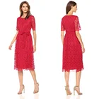 Red Slim Short Flare Sleeve Midi Lace Dress