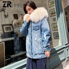 Super September hot sale Energy-Saving Colorful Denim Real Fox Fur Lined Parka
