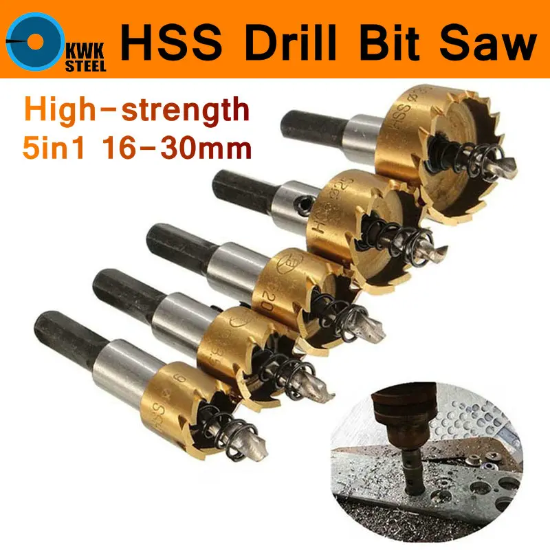 5/Pcs Carbide Tip HSS Drill Bit Hole Saw For Stainless Steel Metal Alloy 16-30mm