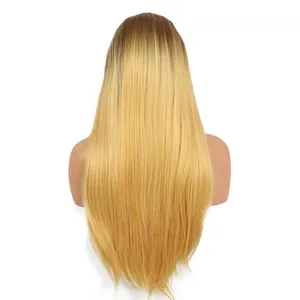 blonde wig with brown bangs soft straight synthetic hair long
