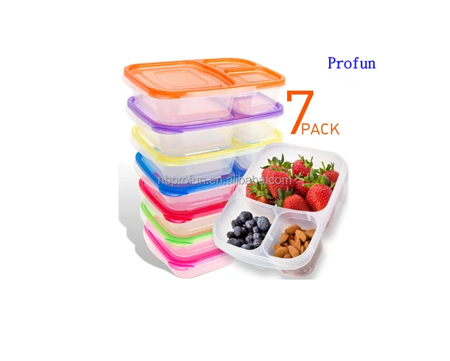 best sale 7 pack 3 compartment reusable plastic bento lunch box