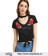 Wholesale Cotton Short Sleeve Necklace V-neck Rose Sexy Bowknot Casual Fashion T-shirt women tops