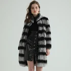 Fashion Custom Made Black Gray Stripe One Whole Leather Real Rabbit Fur Coat for Women