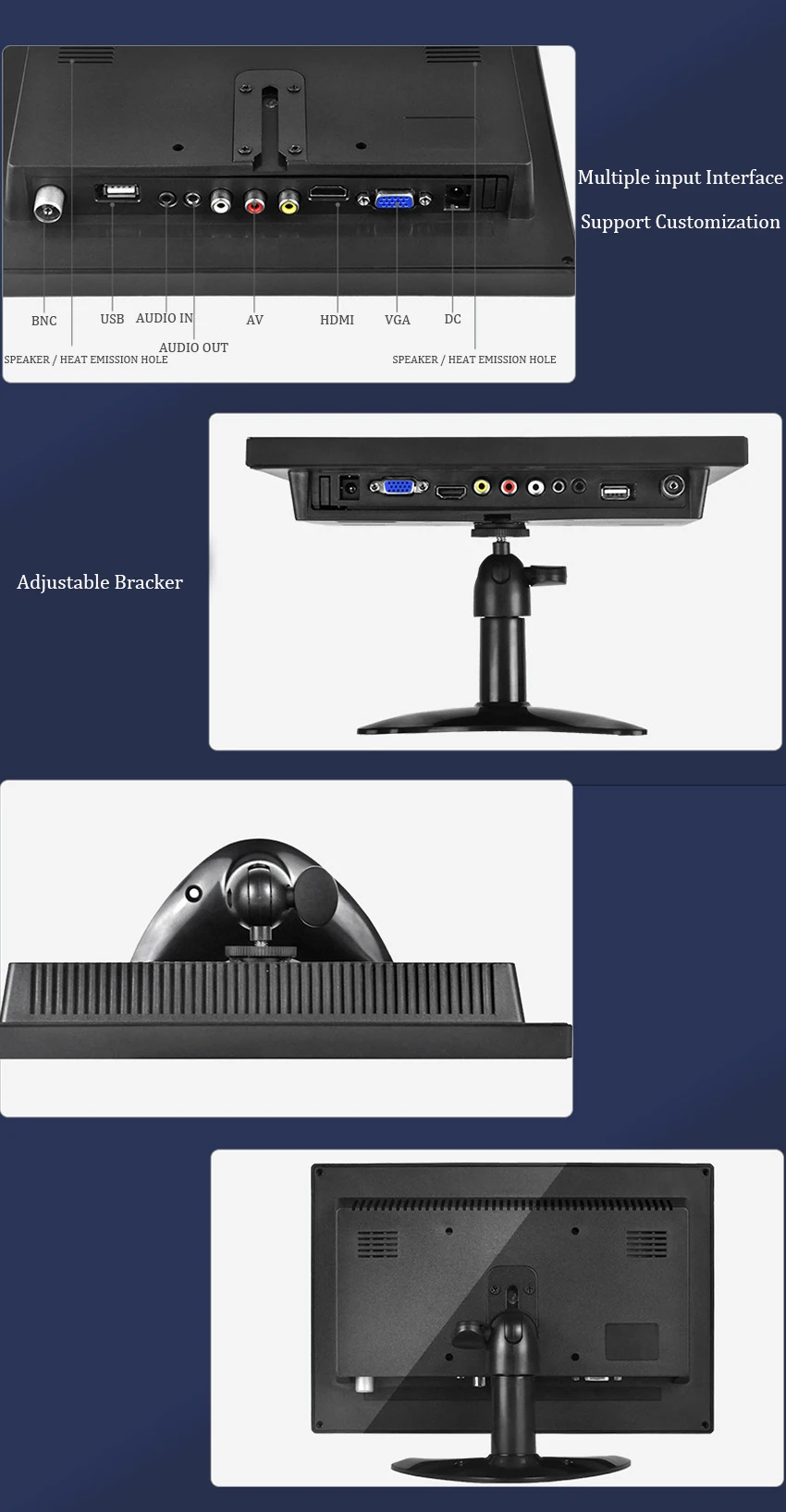 New design flat screen 10 inch usb bnc hd-mi vga and rca input cctv monitor