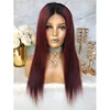 Long Straight Ombre Wine Red Virgin Indian Human Hair Lace Front Wigs With Dark Roots