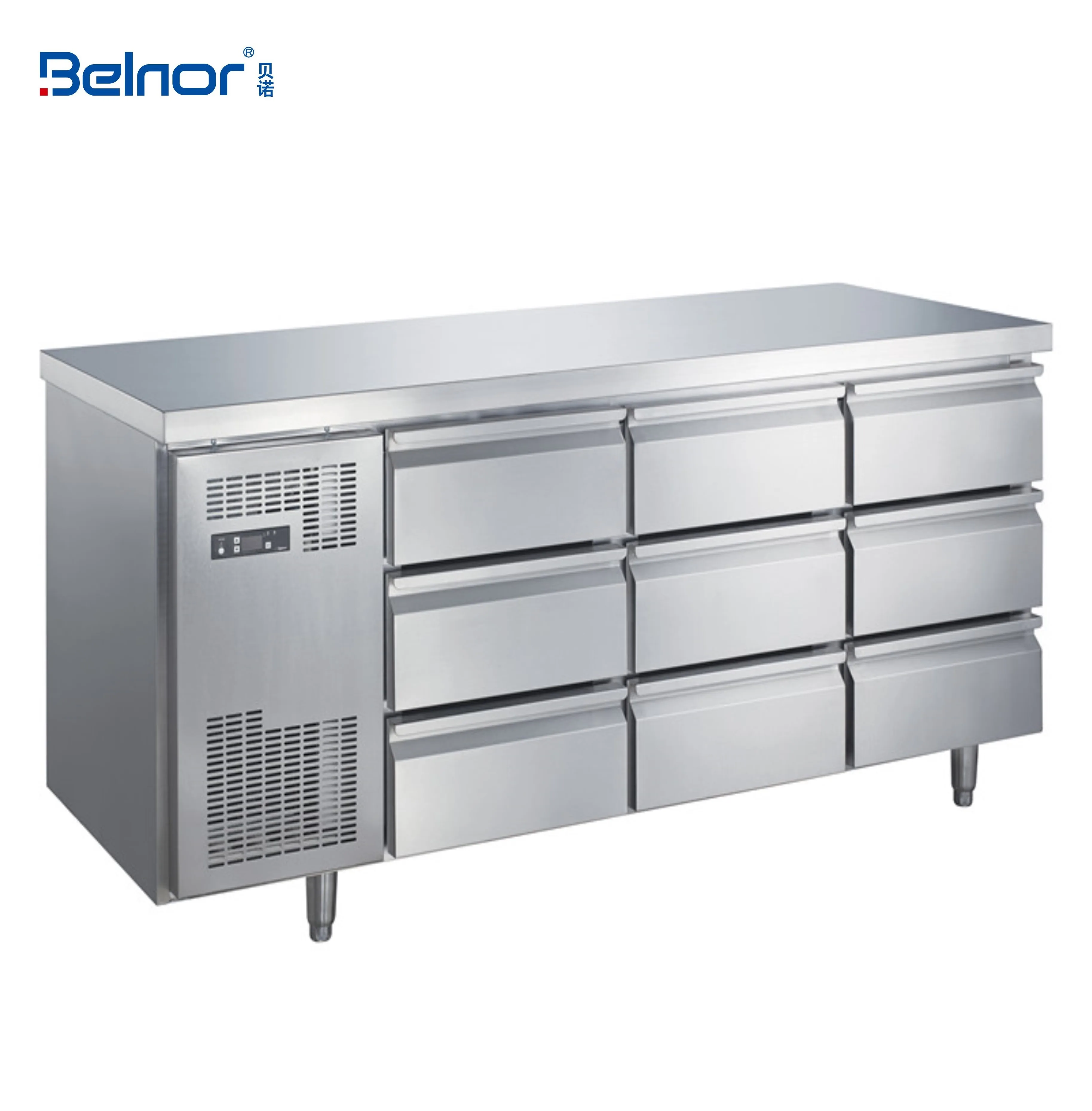 Stainless Steel Kitchen Refrigerated Work Table With 9 Drawers