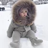 Winter Clothing Plain Big Real Raccoon Fur Collar Kids Romper / Custom Warm Hooded Knitted Baby Romper Wholesale Baby Clothes