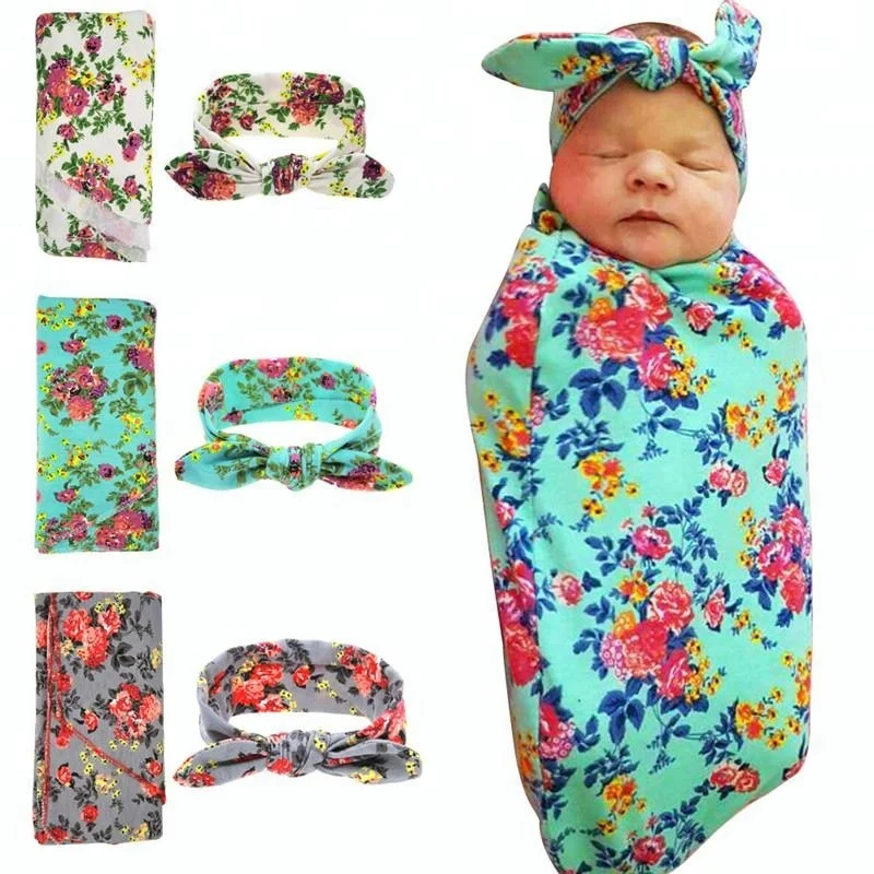 Neugeborenen Floral Striped Swaddle Decke + Headwrap Swaddled Sets Für Foto Requisiten