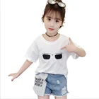 Children clothes summer 2019 new round neck white short-sleeved T-shirt denim shorts suit