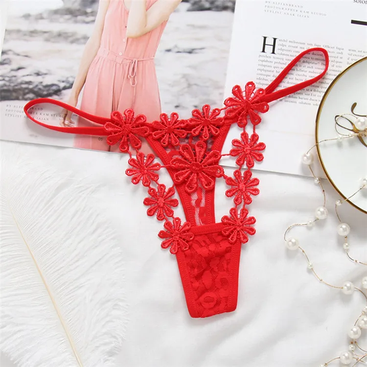 Women Panties Open Crotch Flower Embroidered Thong Lace Lingerie G