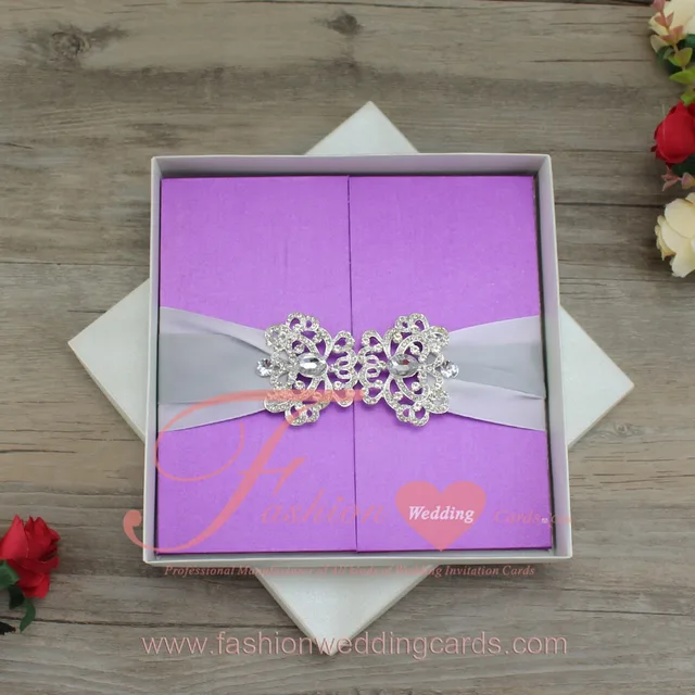 purple gatefold silk box folio wedding invitation with ribbon