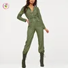 Khaki Utility Jumpsuit green solid single breasted Military style long sleeve skinny 2 piece bodycon women jumpsuits